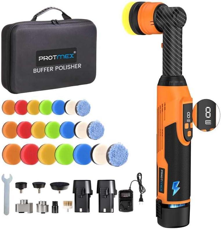 Protmex Cordless Mini Buffer Polisher - 1.2/1.6/2 Inch Car Polisher w/ 8 Variable Speed 2500-6000RPM - RO/DA Car Polishing Machine w/ 22 Pads - Small Polisher for Car Detailing Polishing Waxing1