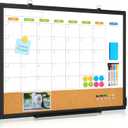 Dry Erase Calendar Whiteboard for Wall, WALGLASS 24" x 18" Double-Sided Monthly Calendar White Board Cork Combo, Black Aluminum Frame Hanging Wall Mounted Bulletin Corkboards for Home, Office, School
