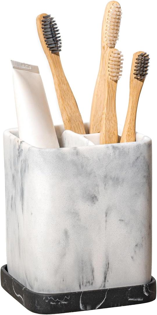 Zccz Toothbrush Holder, Countertop Marble Look Electric Toothbrush Toothpaste Makeup Brush Razor Holder Stand Bathroom Organizer with Detachable Tray (2 White Marble)