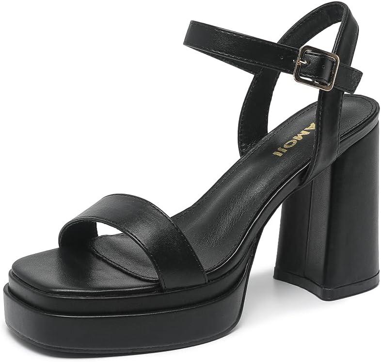 Amoji Women's Black Platform Heels Chunky Heeled Sandals Dress Block Heels Thick Heels Prom Shoes 311 Black Size 11 Women