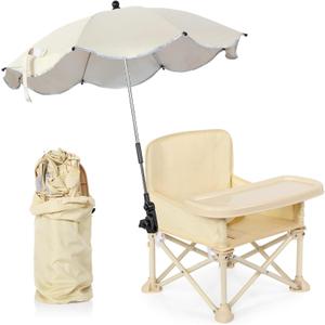 Mifoci Baby Outdoor Beach Chair with Umbrella Kids Travel Folding Seat with Tray Compact Portable Chair with Storage Bag, Backrest Pocket for Dining Table, Camping, Light Brown