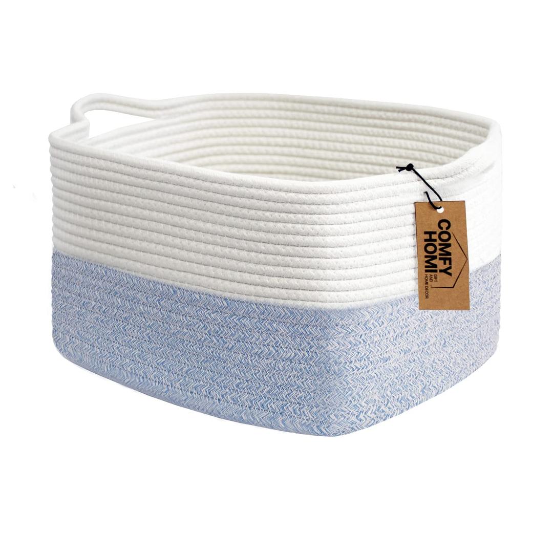 COMFY-HOMI Cotton Rope Woven Basket with Handles for shelfToy, Book, Cloth Storage Basket for Organizing-13.5"X11"X9.5" Storage Bin for Living Room, Newborn or Infant Gift for boy girl White/Blue