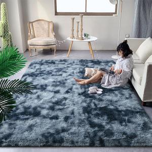 DweIke Fluffy Blue Grey Rugs for Bedroom Living Room, 8x10 Large Soft Plush Shaggy Tie-Dyed Navy Blue Gray Girls Boys Kids Rug, Upgraded Non-Slip and Machine Washable Carpet for Dorm Nursery Decor