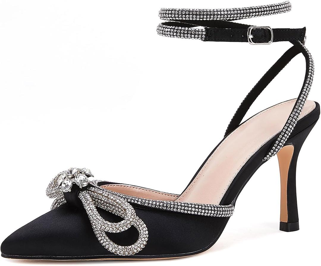 VETASTE Women's Double Bow Pointed Toe Ankle Strap Crystal Pumps Wedding Bridal Party Stilettos Backless Satin Heeled Sandals (7, Black)