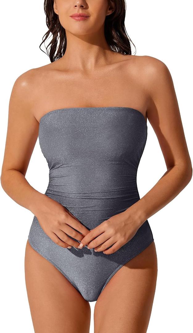 RXRXCOCO Women Tummy Control One Piece Swimsuits Ruched Strapless Bathing Suits Slimming Swimwear (Gray)