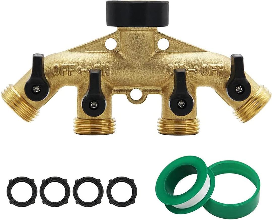 ATDAWN 4 Way Brass Hose Splitter, 3/4" Brass Hose Faucet Manifold, Garden Hose Adapter Connector