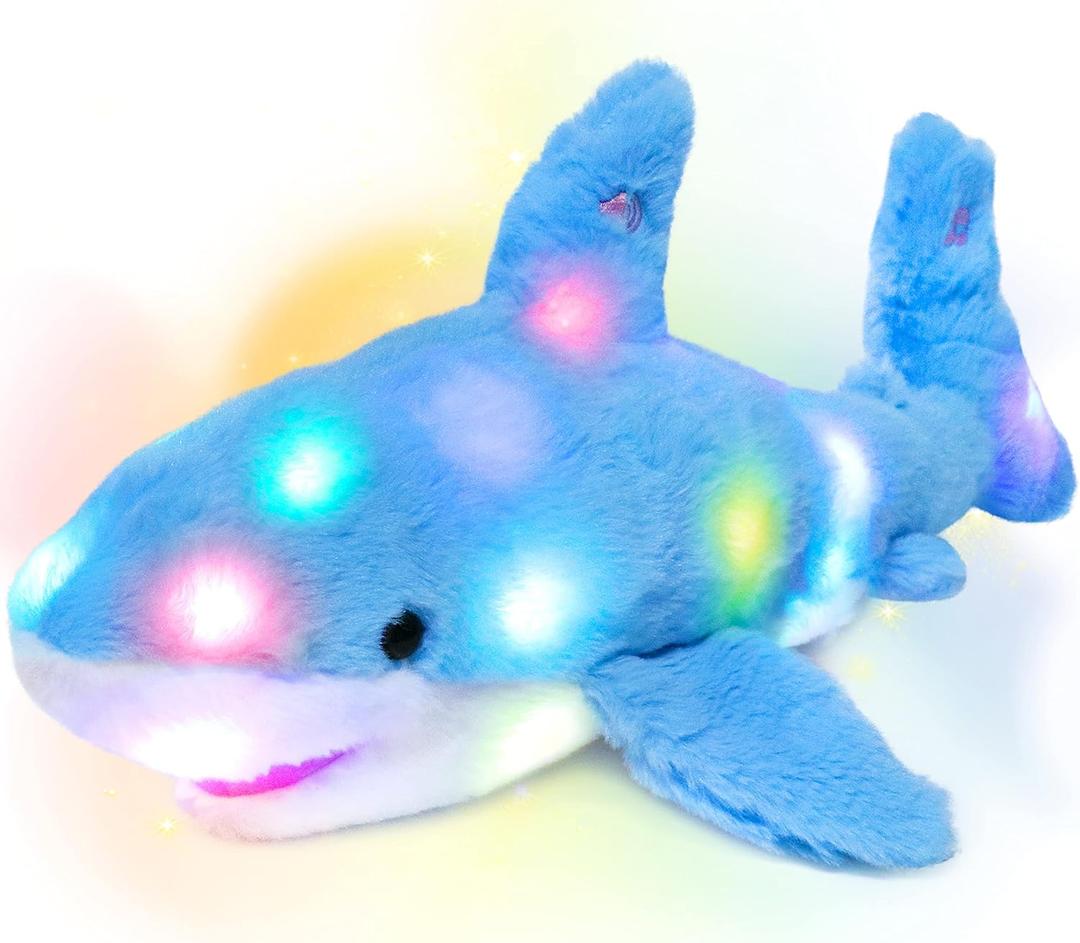 Hopearl LED Plush Shark Lighting Up Stuffed Animal Floppy Night Lights Glow in The Dark Birthday Festival for Kids Toddler Girls, Blue, 16''