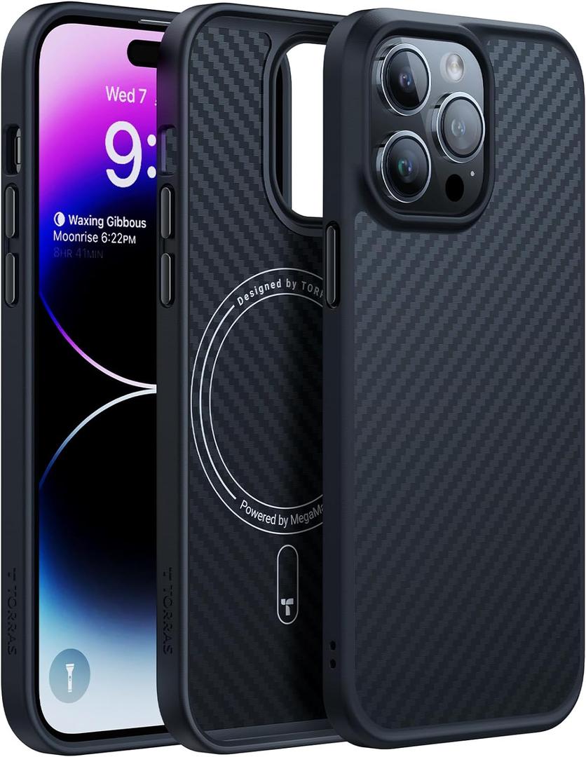 TORRAS Upgraded Stronger Magnetic for iPhone 14 Pro Case, 12 FT Military Grade Drop Tested, Compatible with MagSafe, Scratch Resistant for iPhone 14 Pro Phone Case, Aramid Fiber Back/Black Edge (for iPhone 14 Pro, 3 Aramid Fiber Black)