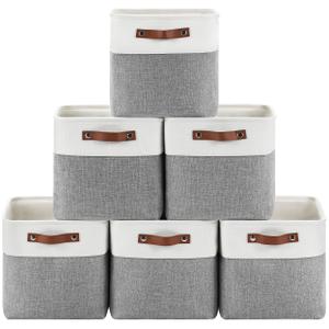 6-Pack Foldable Fabric Storage Cubes 11x11 Inch, Sturdy Cube Organizer Bins with Leather Handles, Storage Baskets for Closet Shelves and Home Organization(White/Gray)