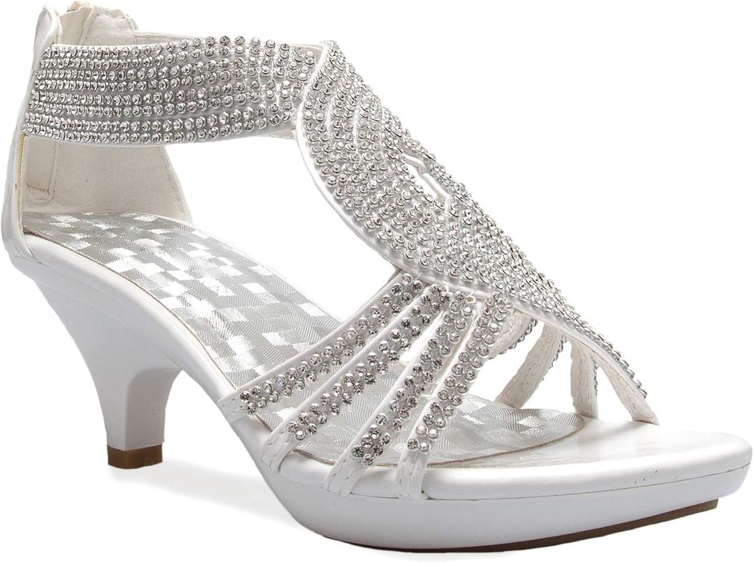 OLIVIA K Women's Open Toe Strappy Rhinestone Dress Sandal Low Heel Wedding Shoes (7, White Glitter)
