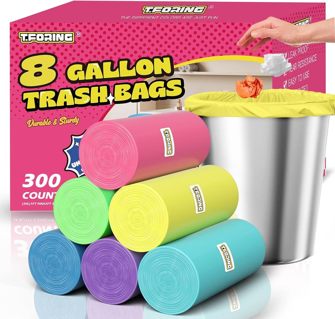 300 Count 8 Gallon Trash Bags - Heavy Duty Medium Garbage Bags 30 Liter Unscented 0.94 Mil Thick & Leakproof Wastebasket Liners for Kitchen Bathroom Home