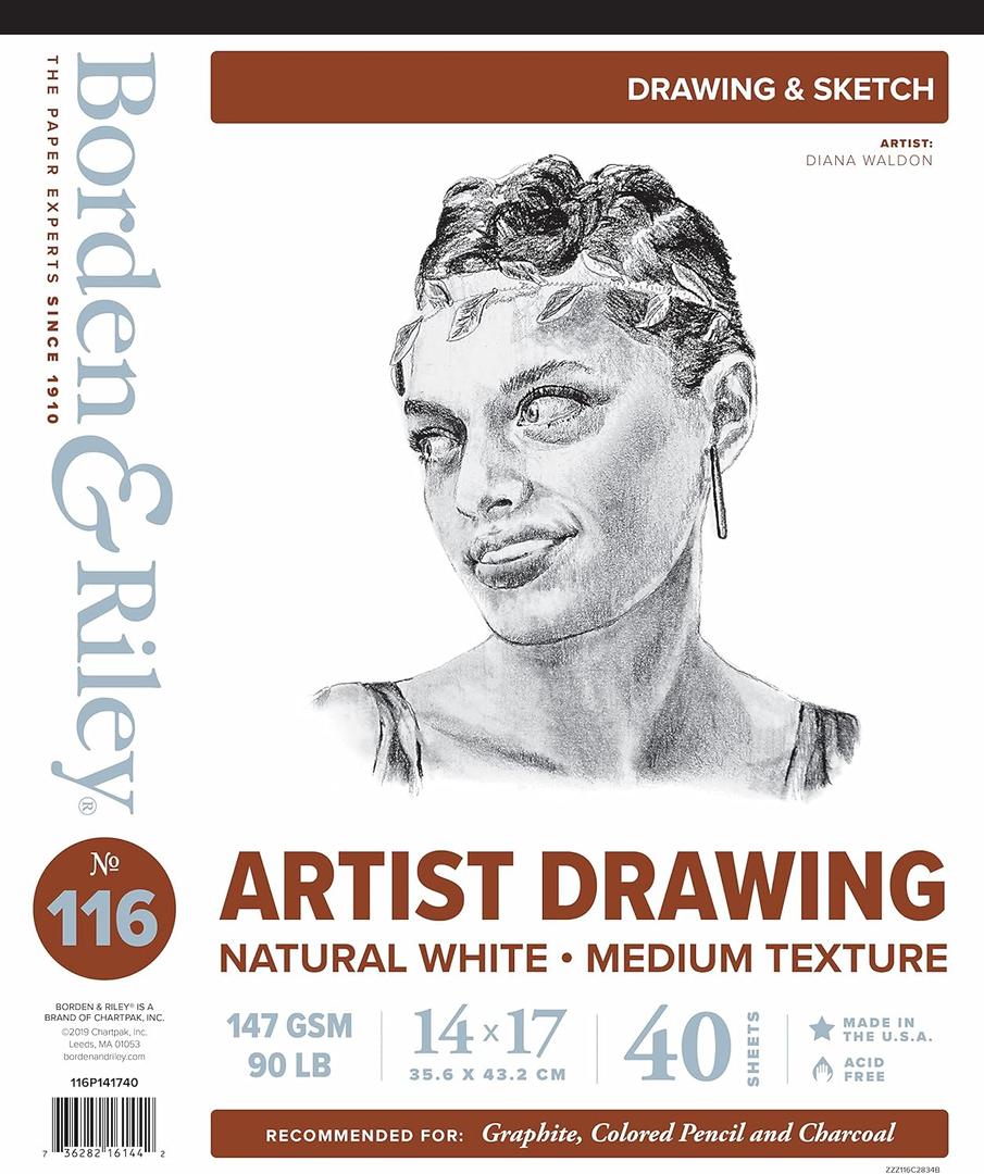 Borden & Riley 14" x 17" #116 Artist Drawing/Sketch Pad, 147 GSM/90 lb., 40 White Sheets, 1 Pad Each