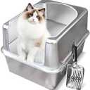 Aothey Stainless Steel Litter Box with Metal Lid and Scoop - Enclosed Metal Litter Box for Large Cats, Rust-Resistant, Odor-Control, Easy to Clean, Durable & Long-Lasting with Round Edge (L)