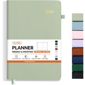 SUNEE 2026 Weekly & Monthly Hardcover Planner 5.5" x 8.3" - 12 Month (January 2026 - December 2026), Small Hardcover Planner, Pocket, Notes, 100 GSM Paper, Sage Green