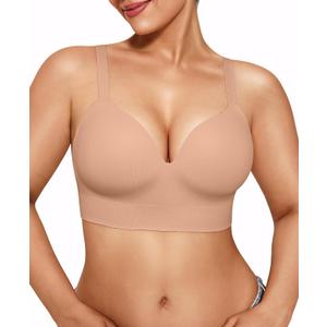 Popilush Bras for Women No Underwire Supportive Push Up Bralettes Wireless Full Coverage Plus Size T-Shirt Bra (Small, Dark Skin)