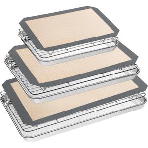 Baking Sheet Tray Cooling Rack with Silicone Mat Set, Stainless Steel Cookie Pan For Oven, Set of 9 (3 Sheets + 3 Racks Mats), Warp Resistant & Heavy Duty & Easy Clean, Grey (Gray)