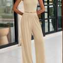 PRETTYGARDEN Spring Two Piece Sets For Women 2025 Ribbed Knit Crew Neck Sleeveless Tank Tops Wide Leg Pants Casual Lounge Set (S)