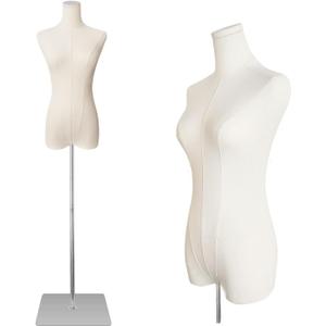 EaseHome Dress Form Mannequin Body, 50-70Adjustable Height Female Beige Linen Fabric Manikin Torso with Detachable Gold Metal Bracket and Rectangular Base Clothing Forms