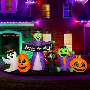 BLOWOUT FUN 8ft Length Halloween Inflatable Witch, Ghost, Frankenstein Baby, Black Cat with Pumpkin Decoration, LED Blow Up Lighted Clearance Decor Indoor Outdoor Holiday Art Decor Decorations