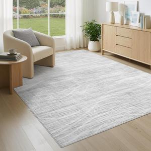 WITSHOCK 5x7 Area Rug for Living Room, Washable Rugs for Bedroom Kitchen Nursery Dining Room Office, Modern Wave Striped Rugs, Soft Thin Carpet Non Slip Low Pile for Home Decor, Light Grey