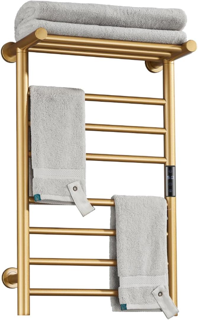 Electric Towel Warmer Gold with Timer, 7 Bar Wall Mounted Heated Towel Rack for Bathroom, 304 Stainless Steel Heater Towel Rail with Top Shelf, Energy Efficient 70 W, 720*450*250Mm, Hardwiring