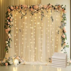 Xiomot Tulle Backdrop Curtain with Lights String 30 X 8FT Champagne Sheer Tulle Backdrop Curtains for Wedding Birthday Party Reception Photo Booth Background Decorations (6 Panels 5x8FT)