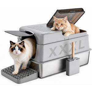 KalraMay Extra Large XXXL Stainless Steel Litter Box with Lid, Gray | Enclosed Cat Litter Box for Big & Multi-Cats, Metal Cat Box with Footboard & Scoop, Non-Sticky, Anti-Leakage, Easy Cleaning
