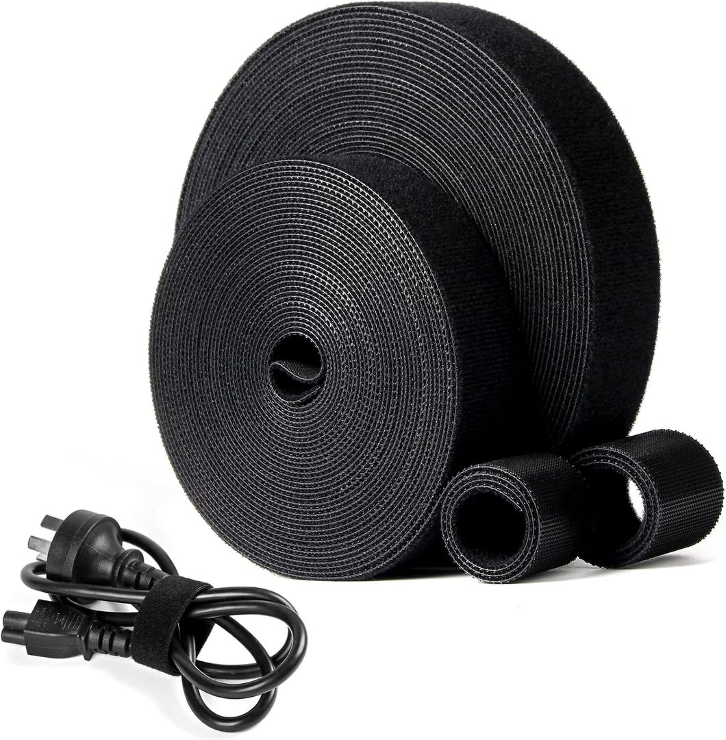 3 x OneLeaf Double-Sided Hook and Loop Cable Ties Roll, Cable Management, Black, 20ft-3/4in+33ft-1in