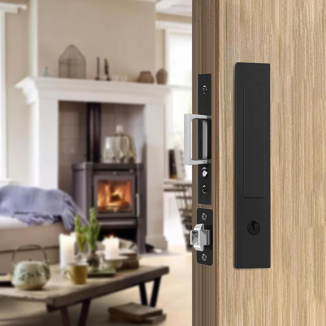 Pocket Door Locks, Edge pulls, Hidden Handles, Pocket Door Locks with Keys, Pocket Door Hardware, Sliding Door Hardware, for Doors 1 3/8" to 2 2/8" Thick (Black, Key Type)