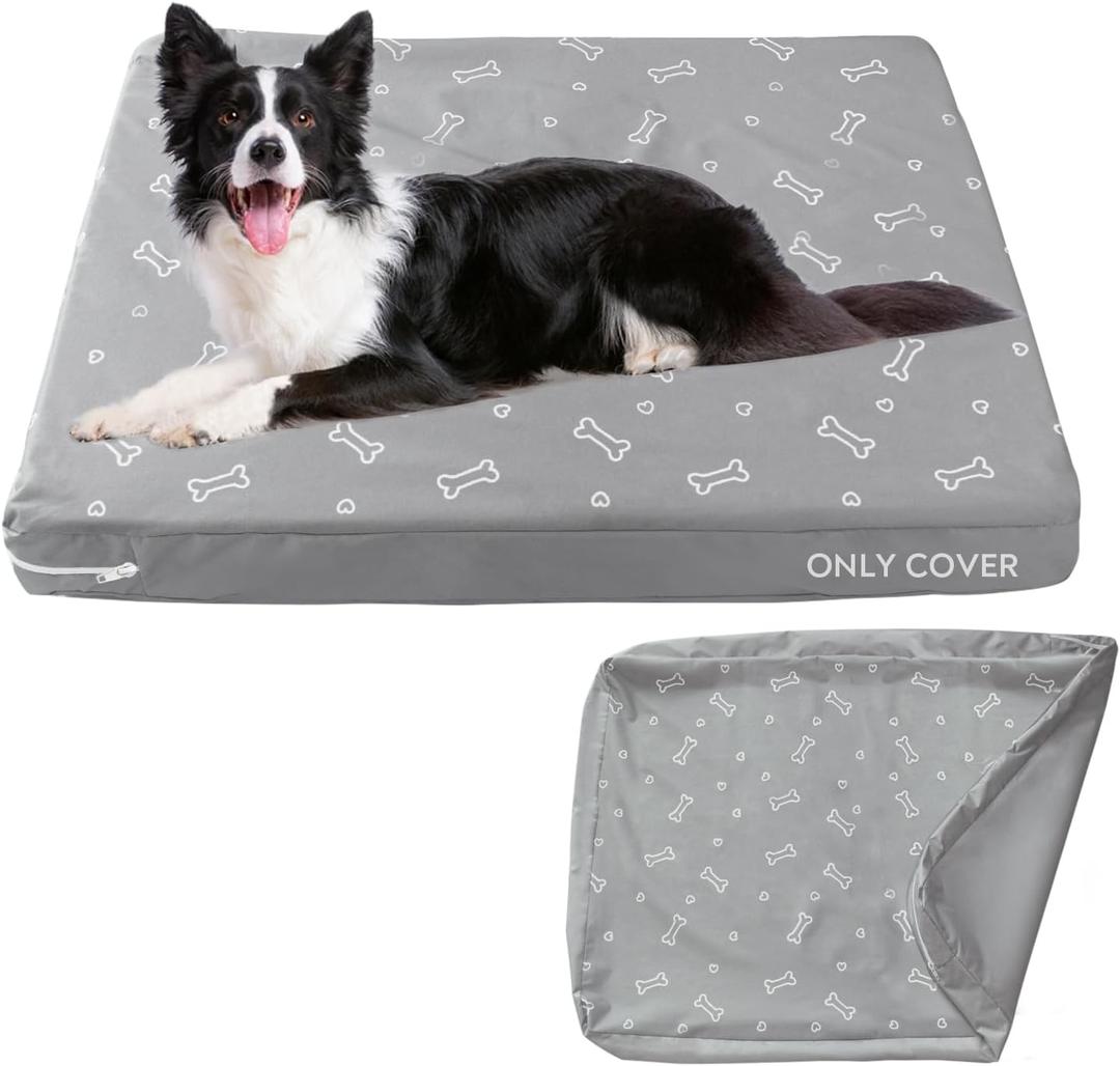 Waterproof Dog Bed Cover, Removable Dog Bed Covers Replacement Washable with Smooth Zipper, Indoor/Outdoor, Bone Print 32 x 44 x 4 Inch for Dog/Cat, Cover Only