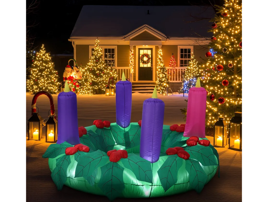 6ft Outdoor Large Inflatable Advent Wreath Blow up Decor with 4 Candles & LED Lights, Pre Filled Sandbags & Blower for Christmas Yard, Church, Lawn Decoration