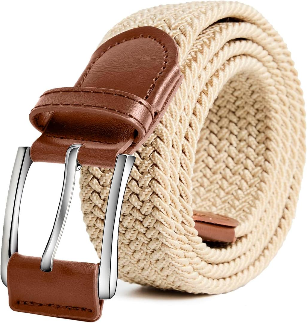 Men's Belt Elastic Braided Belt Casual Solid Color Stretch Woven Belt for Men (Beige)