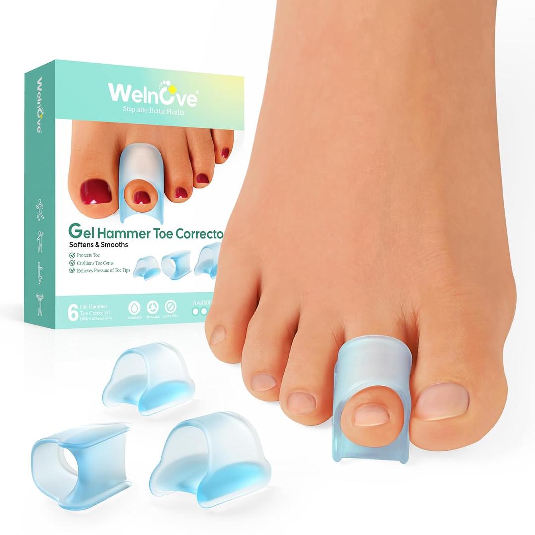 Welnove Hammertoe Corrector - 6 PCS Toe Splints Realign Bent, Curled, Crooked, Claw, Hammer Toes - Toe Straighteners for Men and Women - Large,Blue