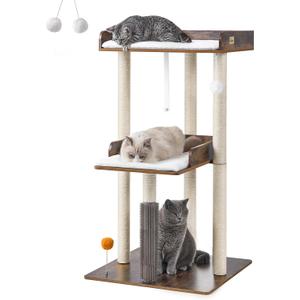 FourFurPets 43.7" Cat Tree, Modern Cat Tree Tower, Cat Tower for Indoor Cats Large Adult, Big Cat Tree with Scratching Post, Wooden Cat Tree with Large Perch, Cat Condo for Adult cat, Rustic Brown
