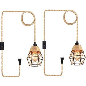 Industrial Hanging Light with Plug-in Cord - Hemp Rope On/Off Switch Farmhouse Pendant Light for Dining Room (2 PACK)