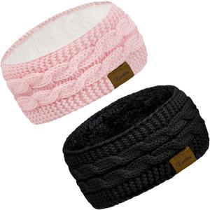 Loritta 2 Pack Headbands for Women Winter Warm Cable Knit Ear Warmer Thick Head Wrap Fuzzy Fleece Lined Gifts (Ad Solid Color- 2 Pack(Black+Pink))