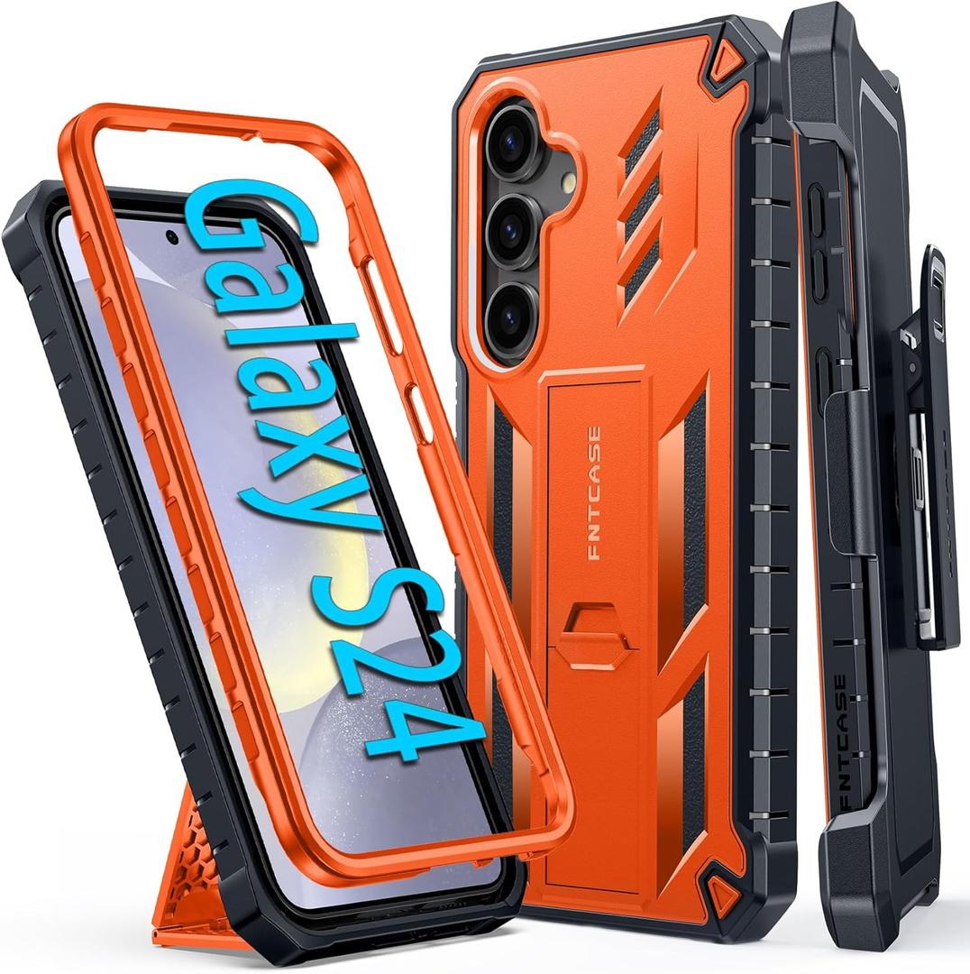 FNTCASE for Samsung Galaxy S24 Case: Military Shockproof Protective Phone Cover with Belt-Clip Holster & Kickstand, Full-Body Drop Proof Protection Heavy Duty Durable Rugged Cases for S24 5G Orange