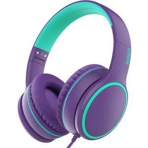 RORSOU R10 Over-Ear Headphones with Microphone, Lightweight Folding Stereo Bass Headset with 1.5M No-Tangle Cord, Portable Wired Headphones for Smartphone Tablet Computer MP3 / 4 (Purple)