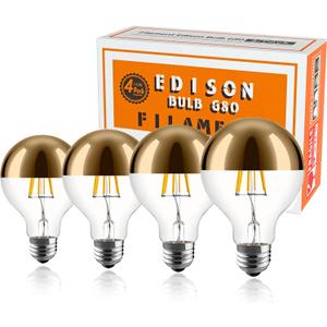 Half Chrome Light Bulb,6W (60W Equivalent) Dimmable LED Edison Bulb,G80/G25 Globe Shape Decorative LED Bulbs,Half Gold Reflected Light 2700K Soft White E26 Base Pack of 4