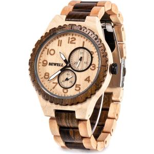 BEWELL Wood Watches for Men Analog Quartz Date Retro Handcraft Lightweight Wooden Wristwatch W154A (Maple and Ebony)