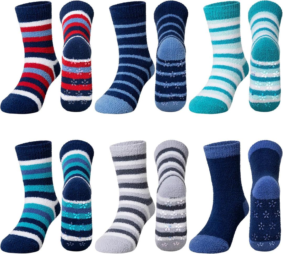 Kids Fuzzy Slipper Grip Socks Boys Girls Non Slip Winter Thick Fluffy Warm Soft Plush Thermal Crew Socks 6 Pairs (8-12 Years)
