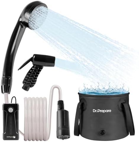 DR.PREPARE Portable Shower for Camping, Camping Shower with 4.5 Gallons Foldable Bucket, USB Rechargeable Battery, 2 Shower Heads, Outdoor Camp Showers for Hiking, Travel, Climbing, Pet Cleaning