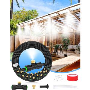 Misters for Outside Patio 63FT(19.2M)+21 Brass Mist Nozzles+a Brass Adapter(3/4") Detachable outdoor misting cooling system for Garden, waterpark, Greenhouse, Backyard, Fan, Umbrella, Deck, Canopy