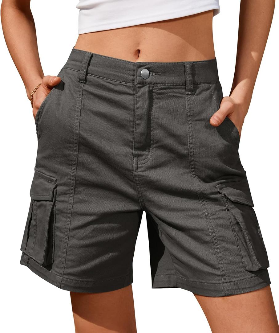 IVIR Bermuda Shorts for Women Cargo Shorts Knee Length 6 Pockets Elastic Waist Long Shorts Summer Casual (Small, Dark Gray)