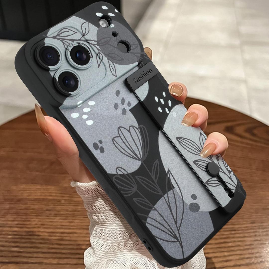 MOWIME Compatible with iPhone 17 Pro Case with Finger Strap, Cute Floral Flower Shockproof Soft TPU Protective Cover for Women Girls, Slim Anti Scratch Case for iPhone 17 Pro 6.3 Inch, Black