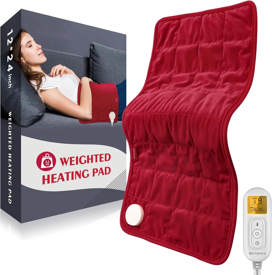 Comfytemp Weighted Heating Pad for Period & Back, 2.2lb Extra Large Menstrual Heated Pad, 12" x 24" XL Electric Heat Pad with 9 Heat Level & 11 timers auto-Off for Neck Shoulder Leg Knee Abdomen, Red