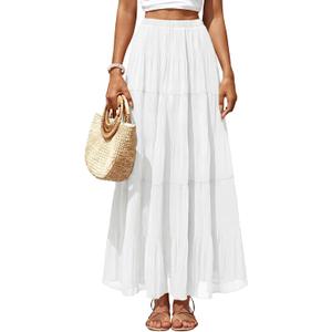 Women's Chiffon Pleated Maxi Skirt Elastic High Waisted Boho A-Line Fall Flowy White Long Skirts with Lining (White, M)
