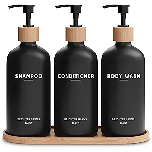 Black Shampoo and Conditioner Dispenser Set by Brighter Barns - Body Wash, Shampoo Dispenser for Shower with Pump - Refillable Plastic Shower Soap Dispenser for Bathroom Decor in Home, Airbnb (Black)