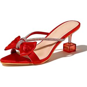 Women's Bow Rhinestone Strappy Heeled Sandals 2.36 Inch Pointed Open Toe Slip-On Transparent Heels Shining High Heel Mule Sandals for Wedding Brides Party Prom size 40