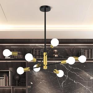 Sputnik Chandelier 8-Light, Mid Century Modern Height Adjustable Ceiling Light Fixture for Dining Room, Kitchen Island, Living Room,Bedroom-Black and Gold